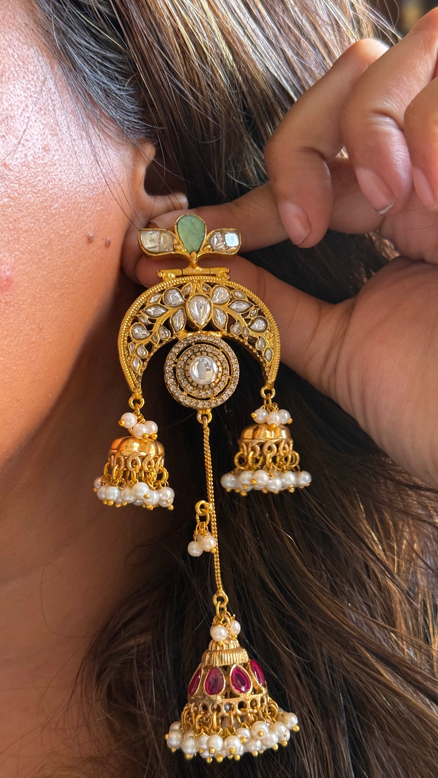 Amrapali inspired mint Rani pink triple Jhumki Danglers