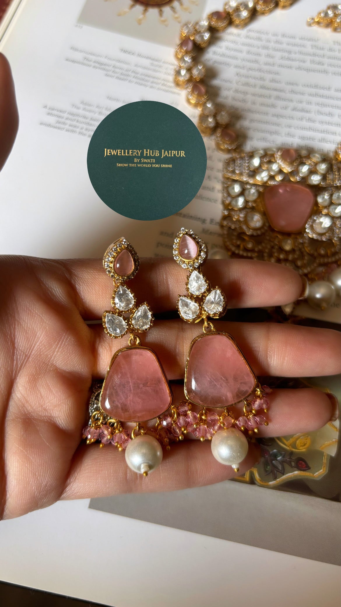 Neiza Rose quartz heritage moissanite collar necklace with earrings