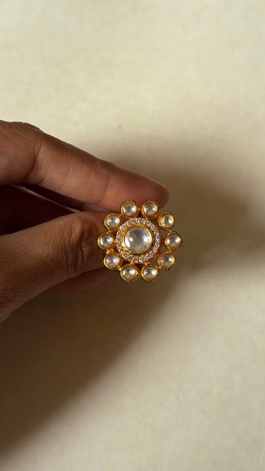 Moissanite polki floral emerald meenakari adjustable ring