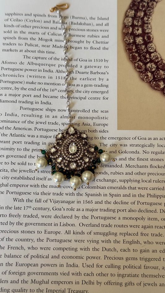 Emerald victorian polki pearl drop maangtika