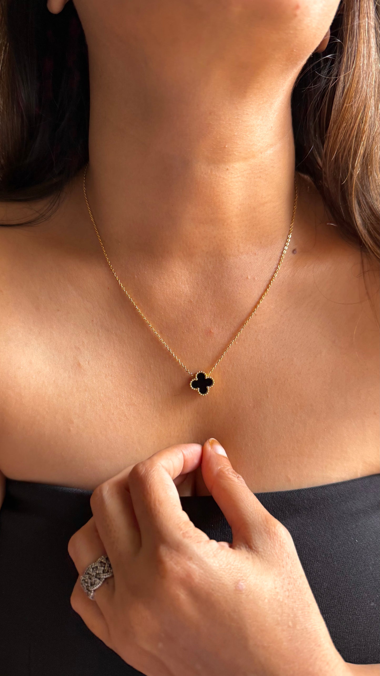 Black Onyx/Enamel Clover Charm Necklace
