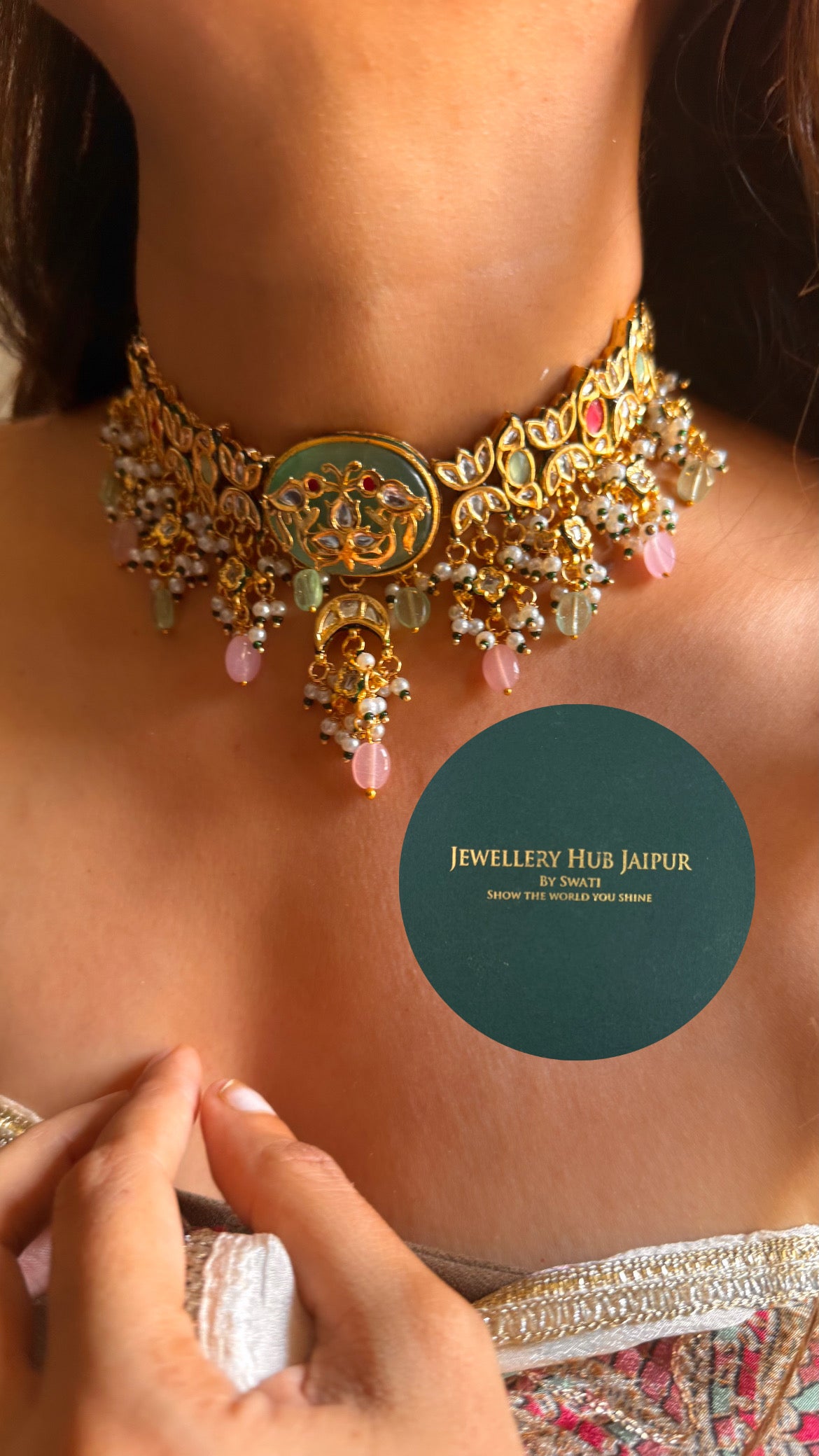Mint peacock inlay work & emerald meenakari paachi with rose quartz drop choker set