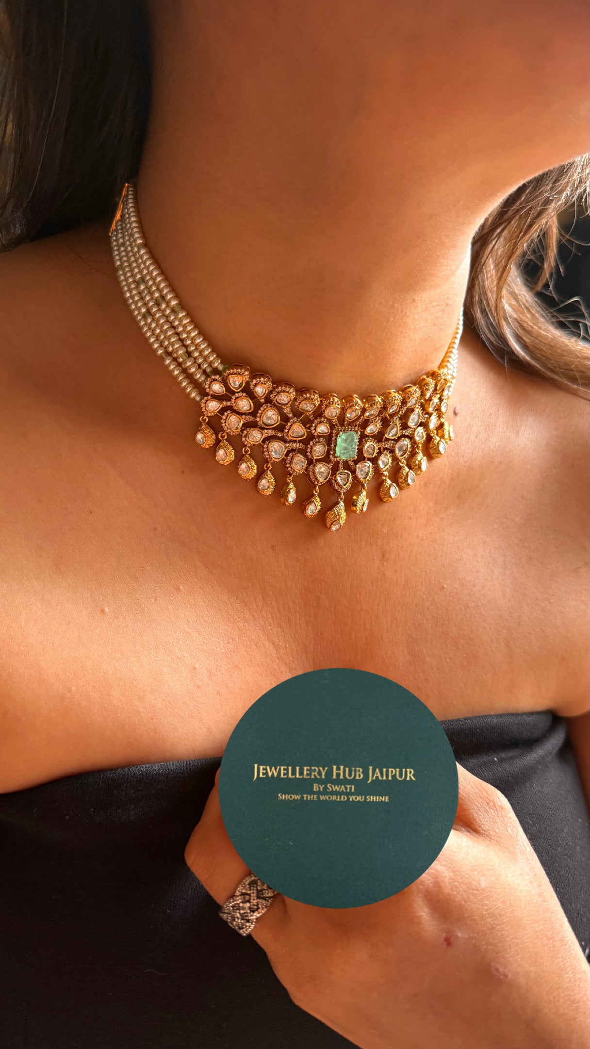 Mint doublet with moissanite polki gold polish Necklace