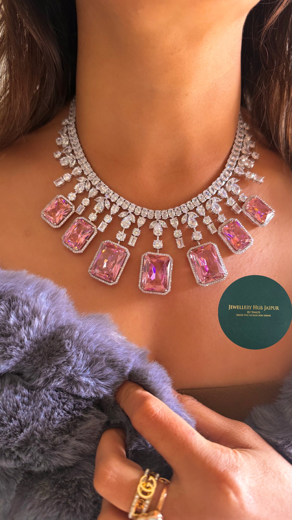 Rose Quartz cz diamond designer necklace