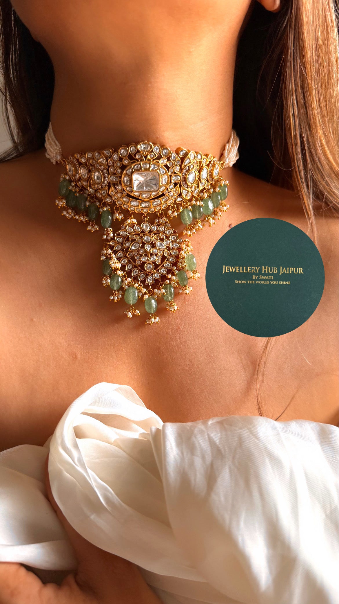 Rukmani Moissanite polki rajwada choker with mint drop