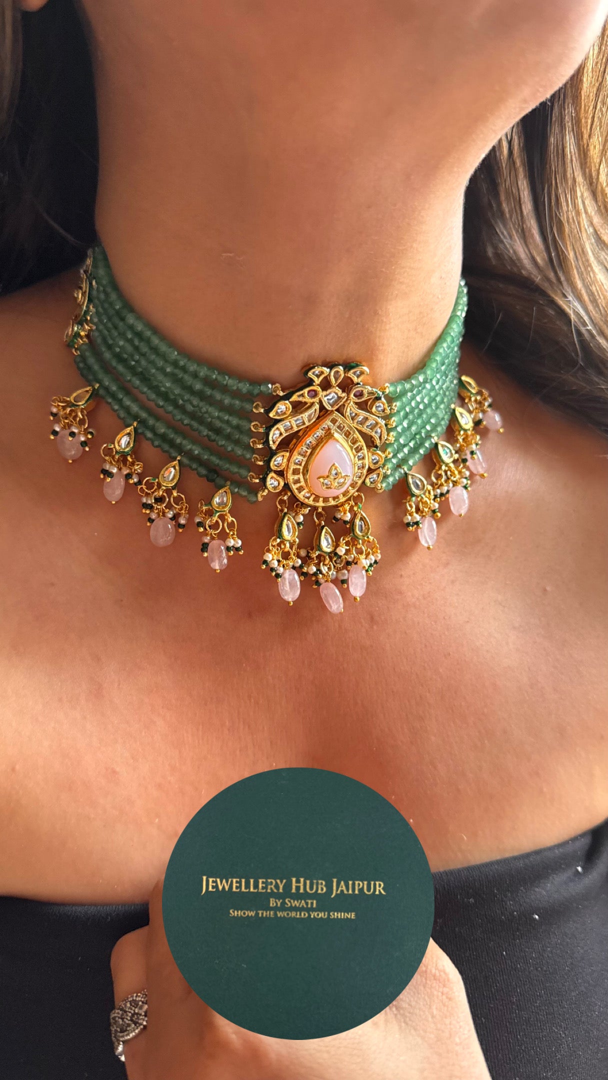 Rose quartz inlay with emerald pearl detailing meenakari choker Necklace