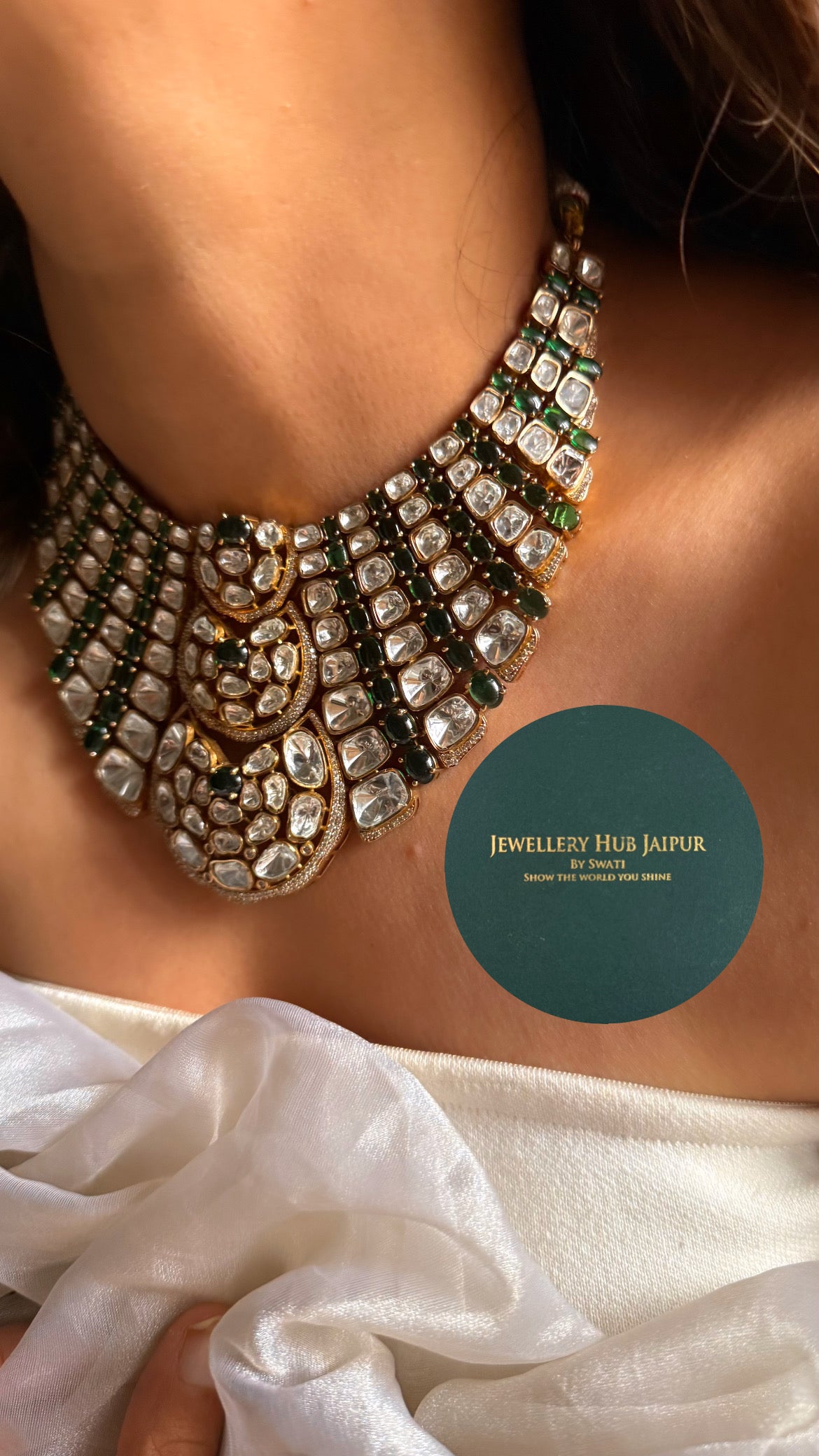 Emerald doublet & moissanite uncut polki Victorian choker set