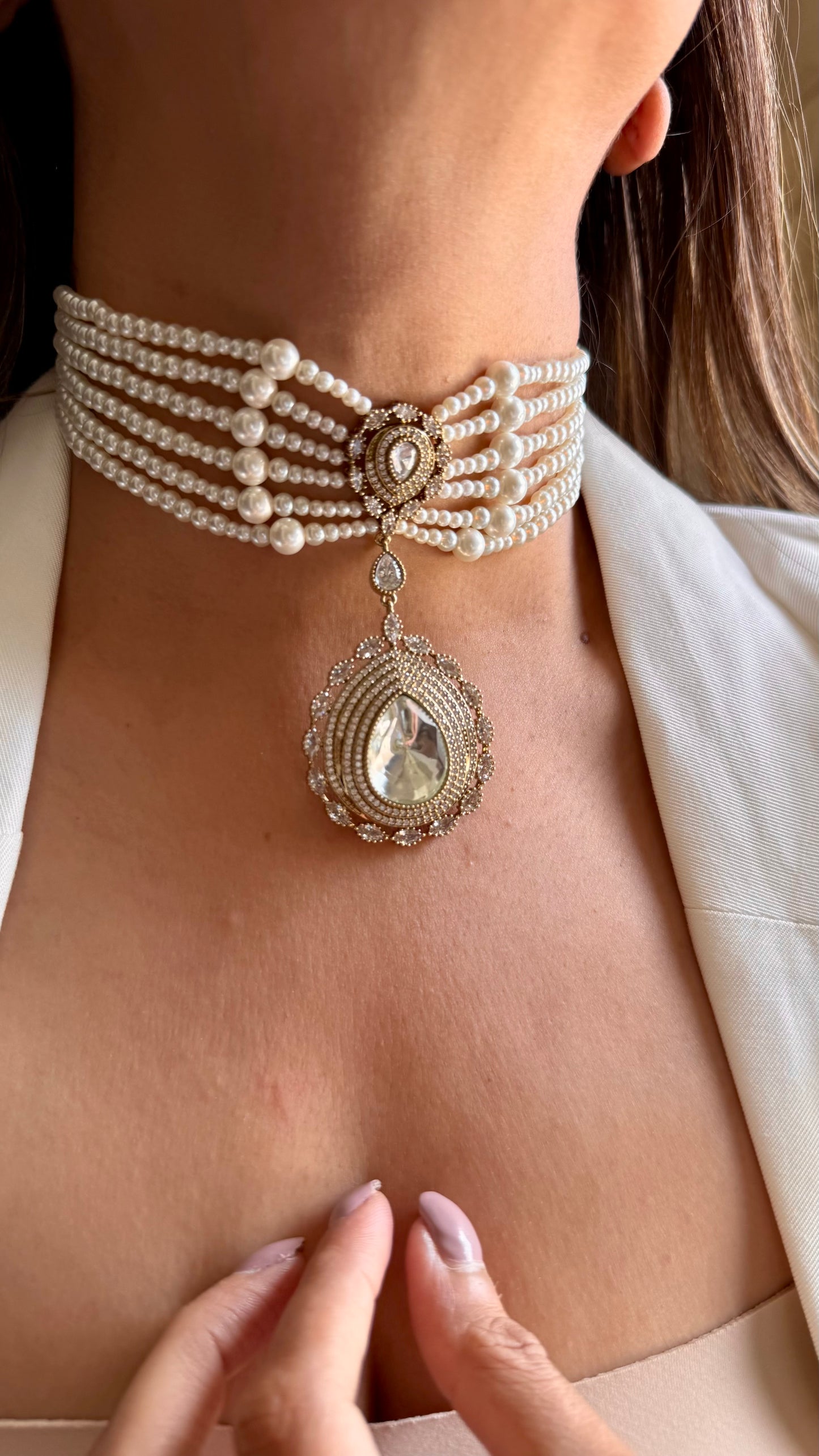 Moissanite polki drop pearl designer choker