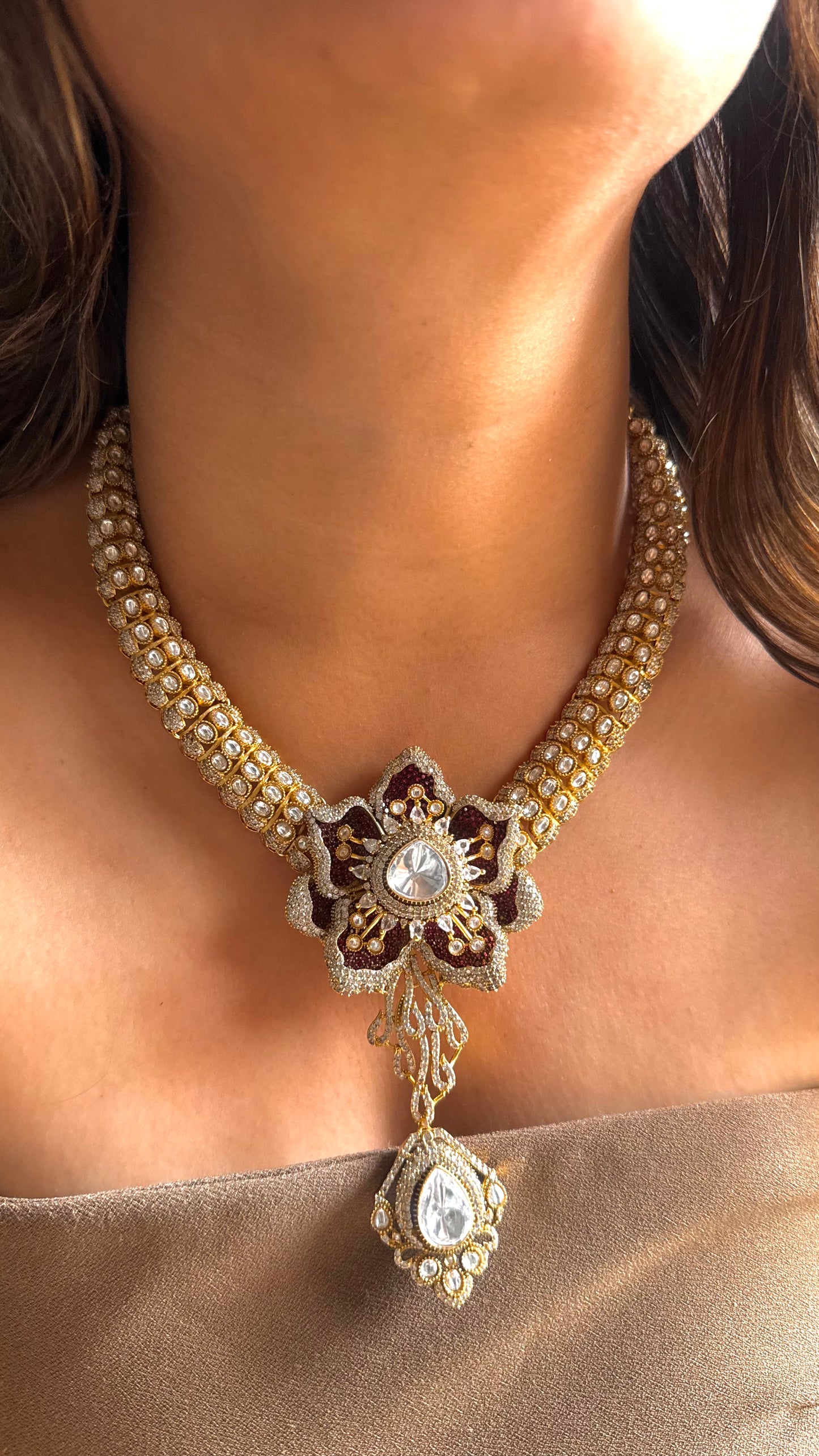 Ruby cluster setting cocktail necklace