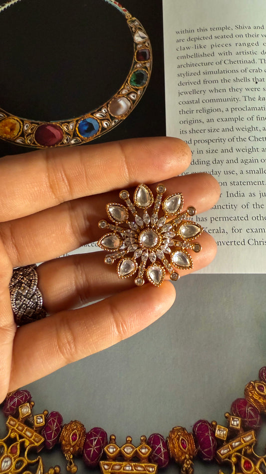 Moissanite polki flower adjustable ring
