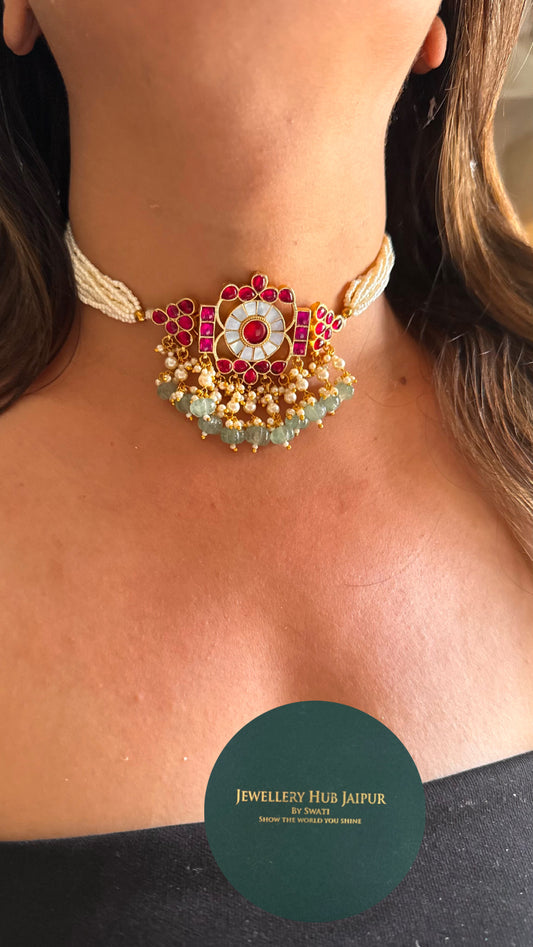Rani pink ruby & mother of pearl thread choker Necklace