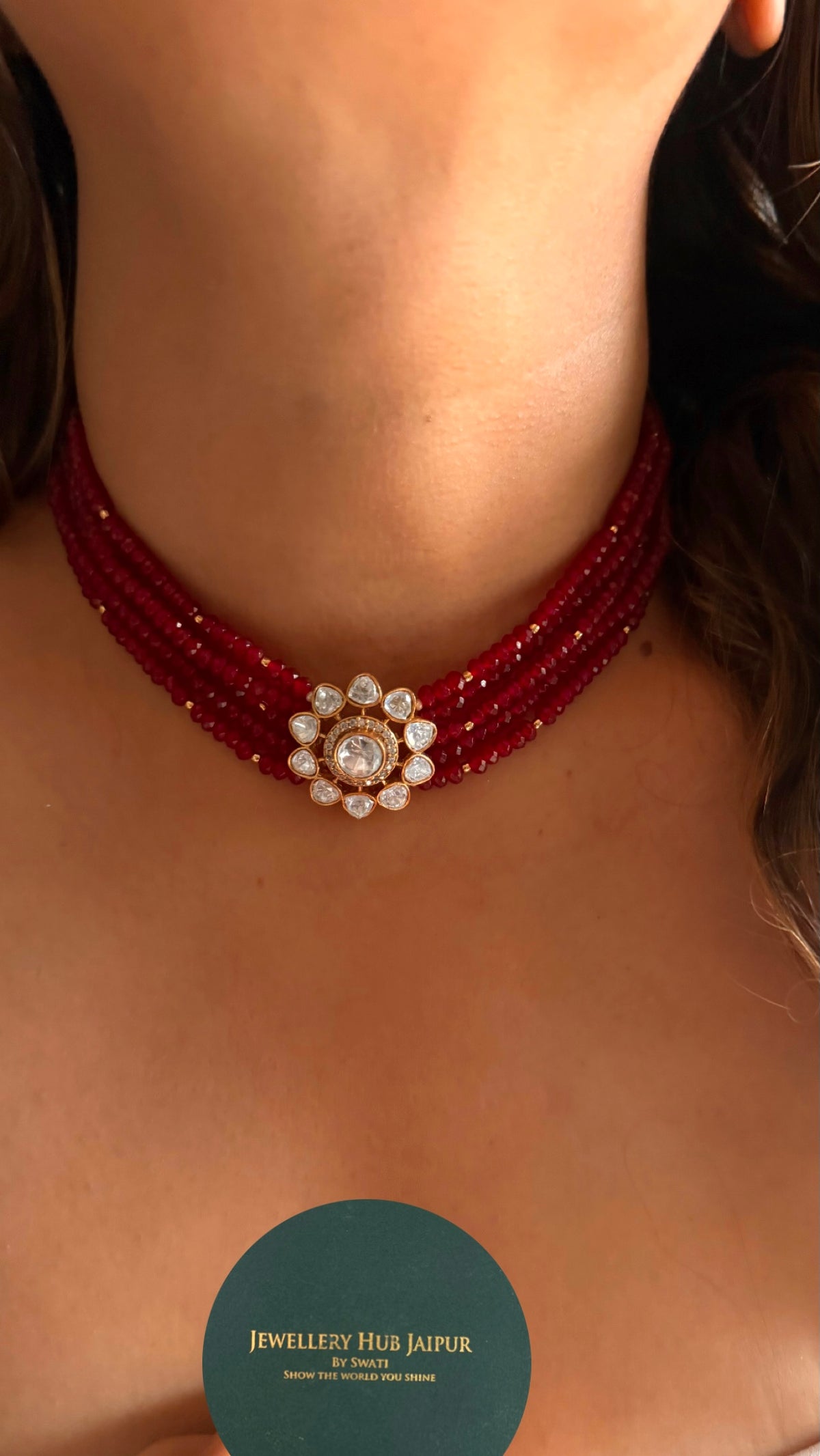 Real Moissanite floral polki rani pink ruby pearl detailing choker necklace