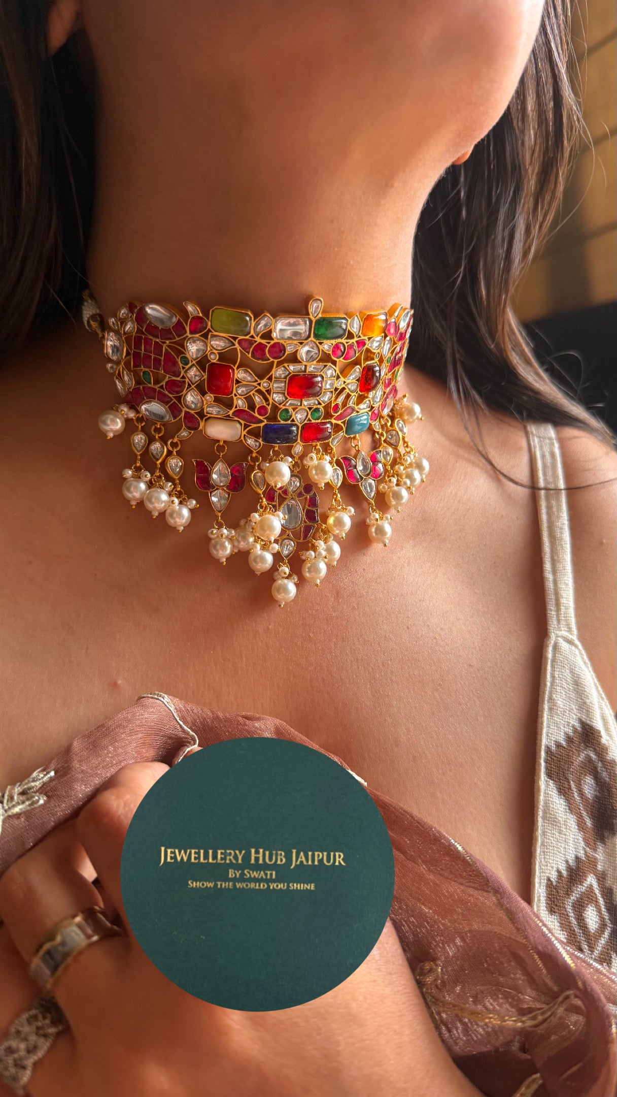 Handmade paachi Kundan jadau with drop choker necklace