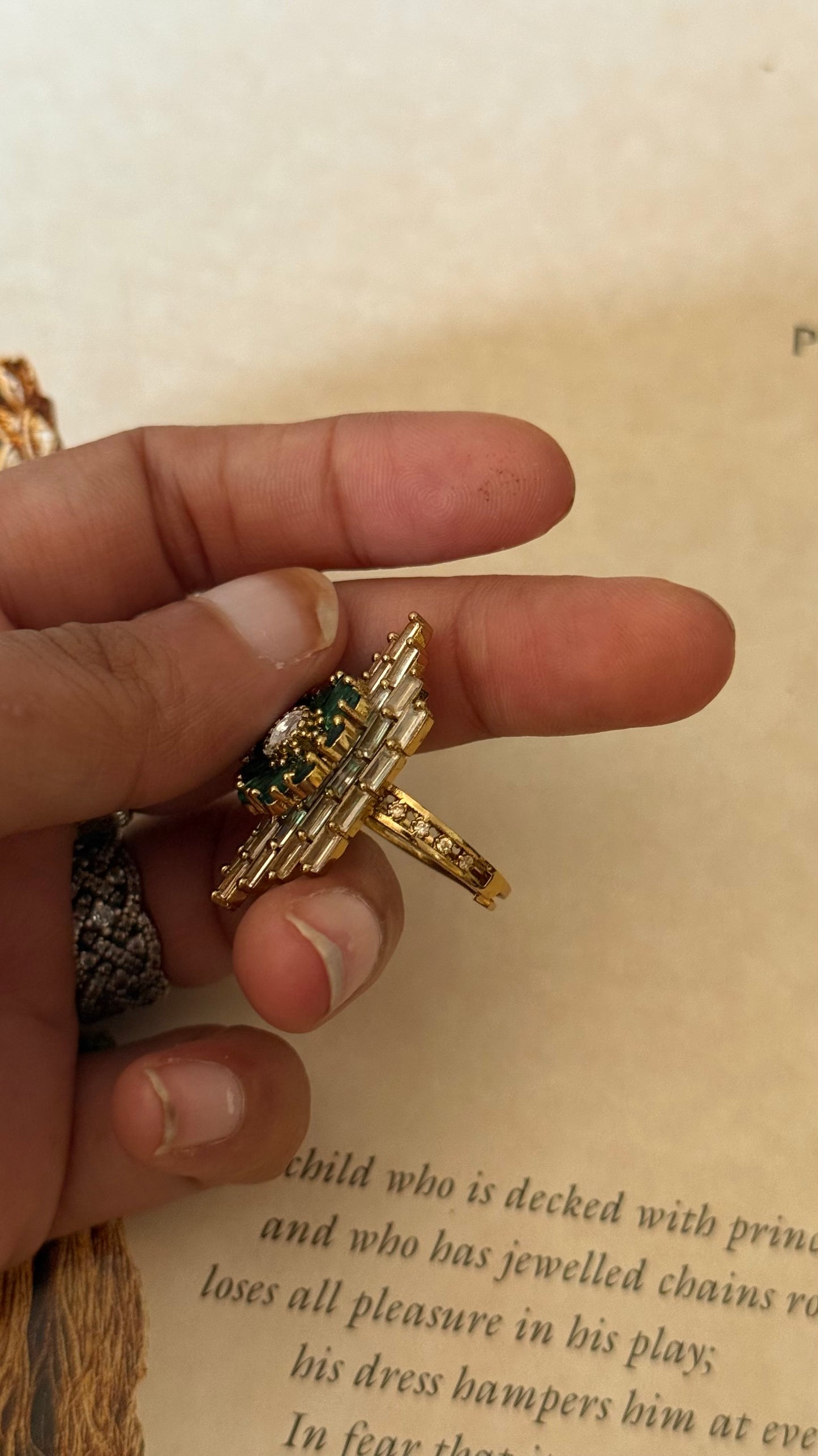 Emerald floral designer cocktail adjustable ring