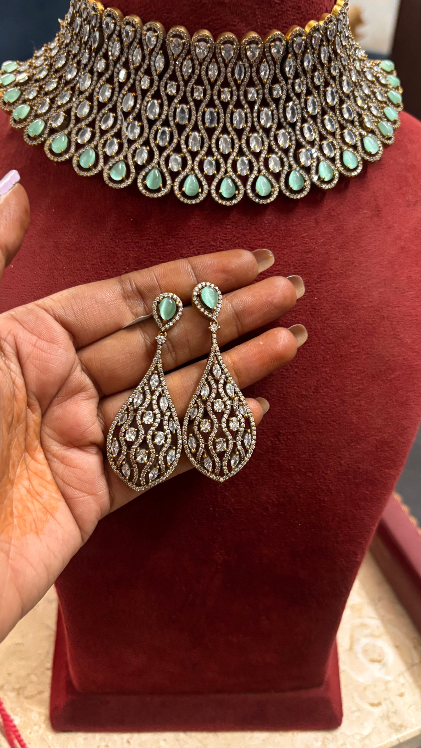 Risha mint doublet and moissanite designer choker set