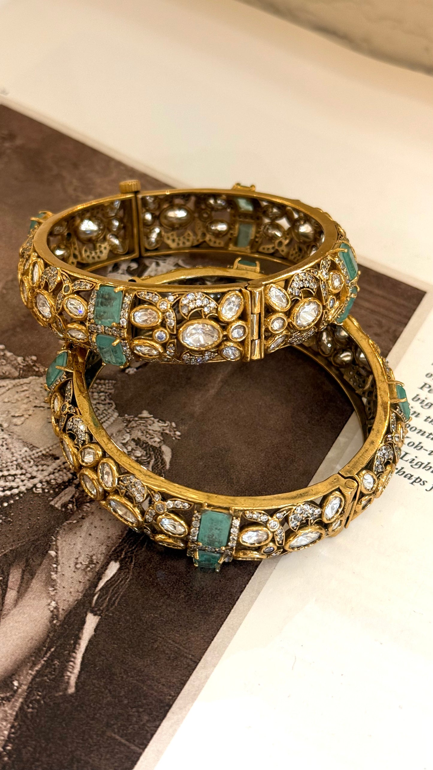 Mint moissanite polki bangles (Victorian base - Gold upper)