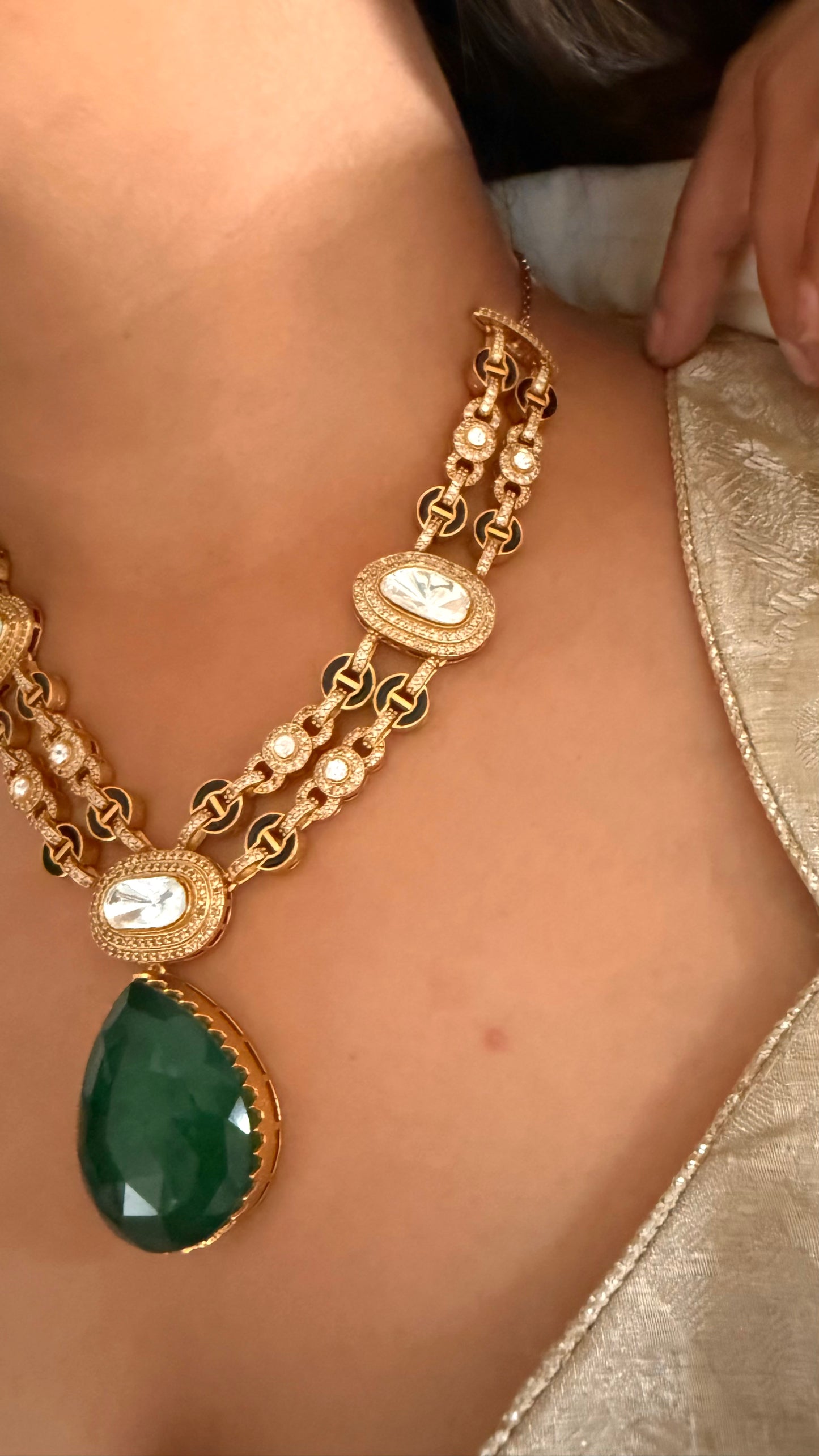 Rima Emerald drop moissanite polki collar necklace