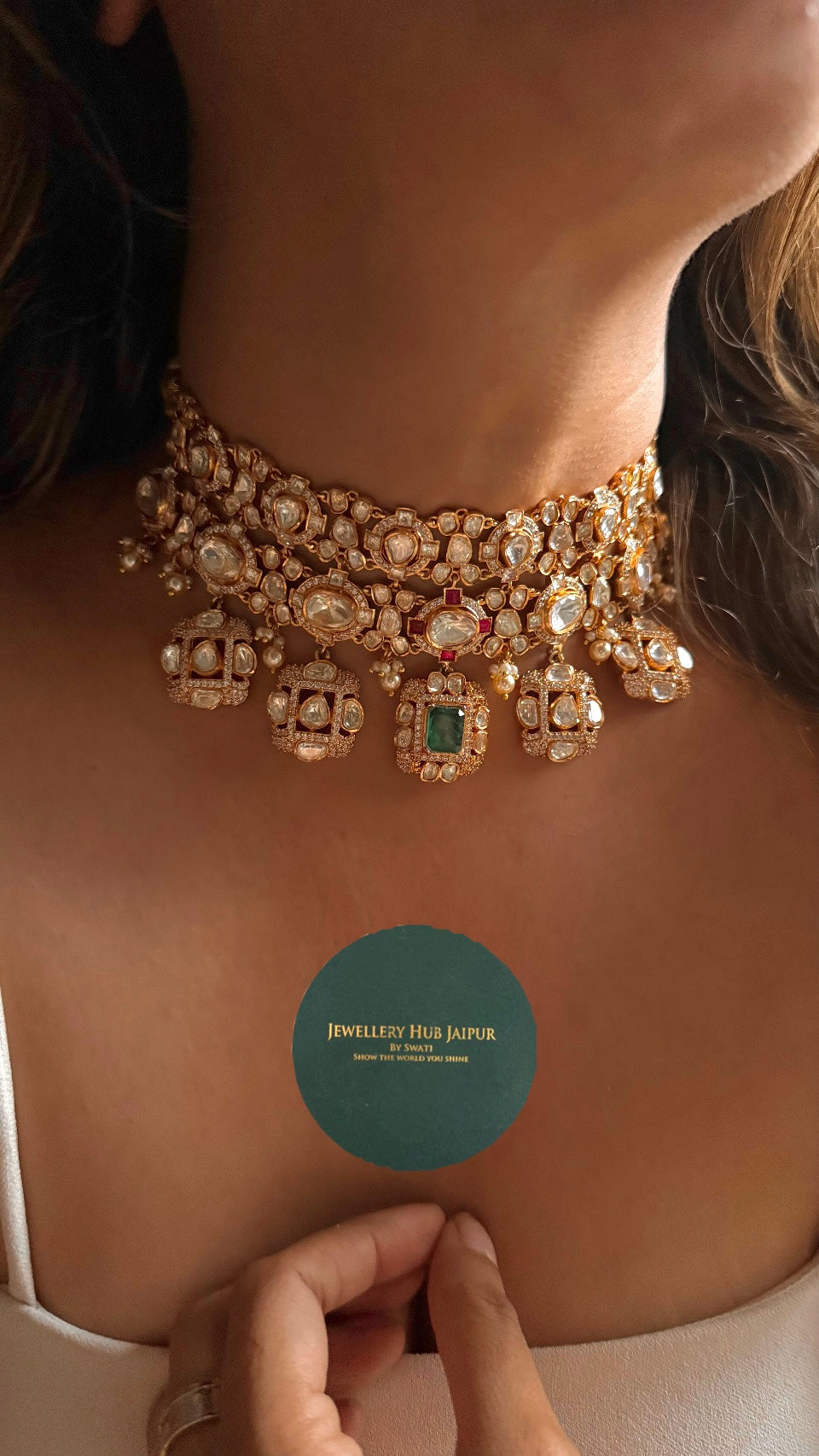 Real moissanite uncut polki emerald doublet Necklace