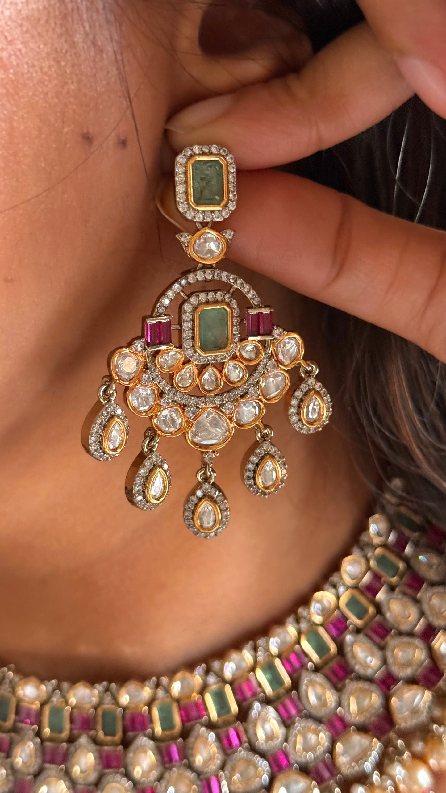 Rani pink ruby & mint real moissanite with drops choker set