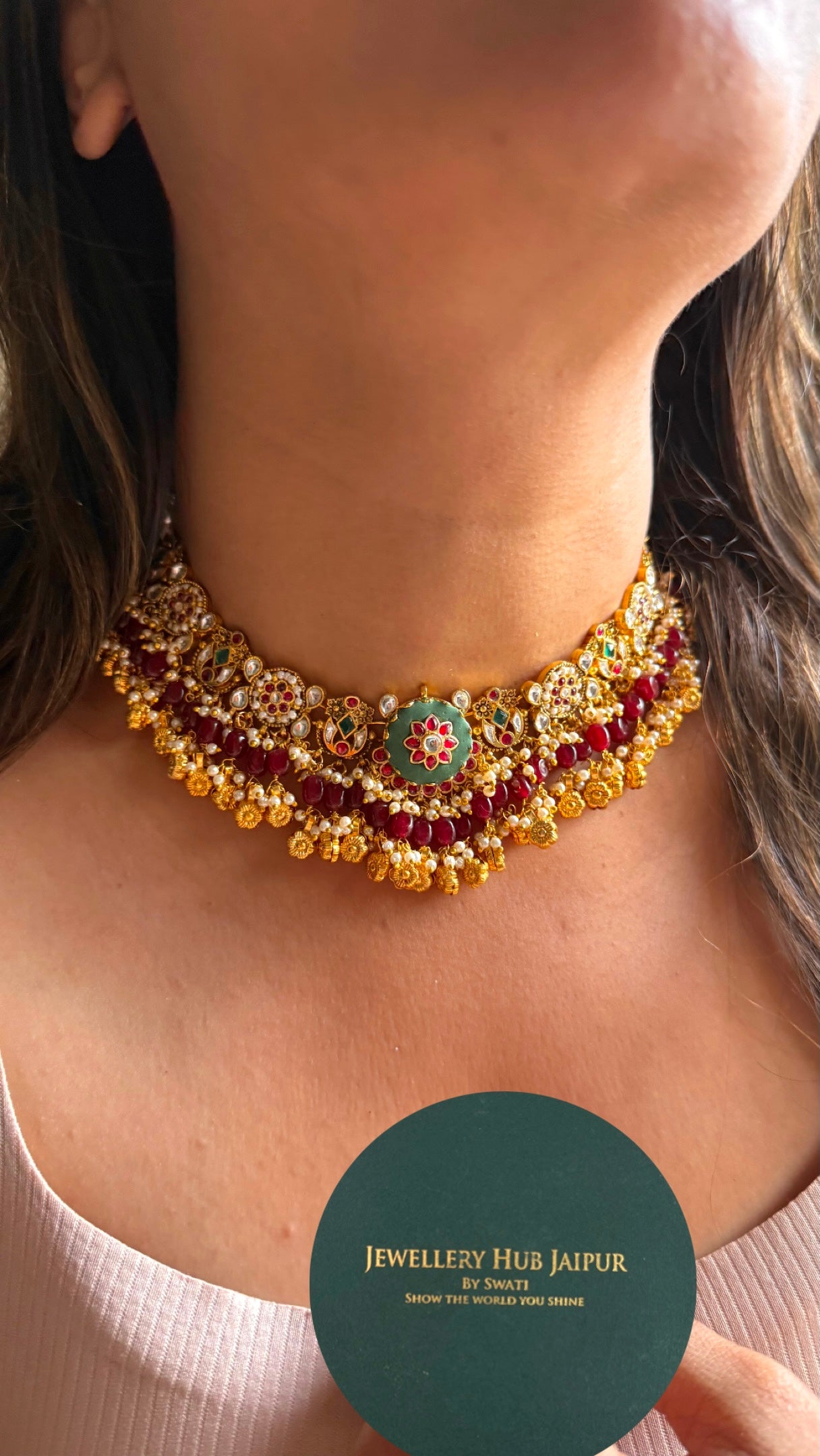 Heritage Rani pink ruby & emerald with golden drops