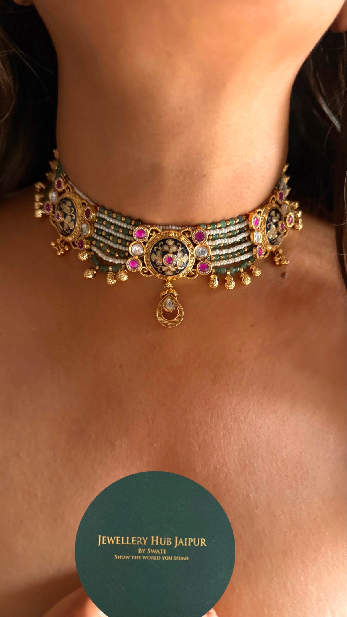Sapphire inlay carved with emerald detailing heritage Necklace