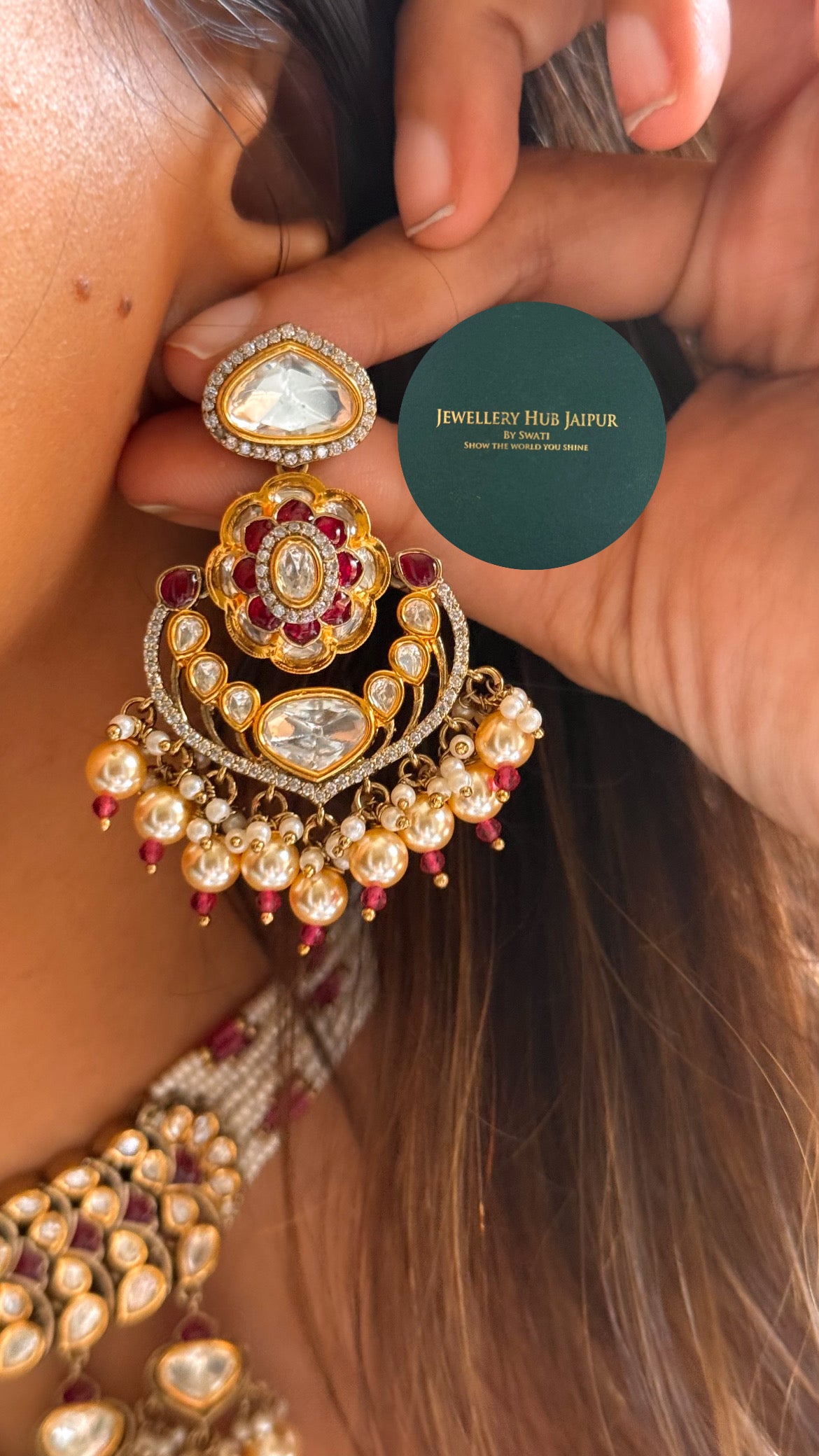Rani pink moissanite polki with pearl drop rajwada choker set