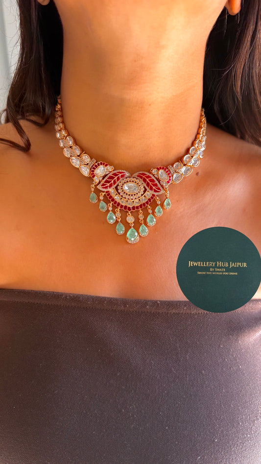 Mint & ruby leaf designer necklace