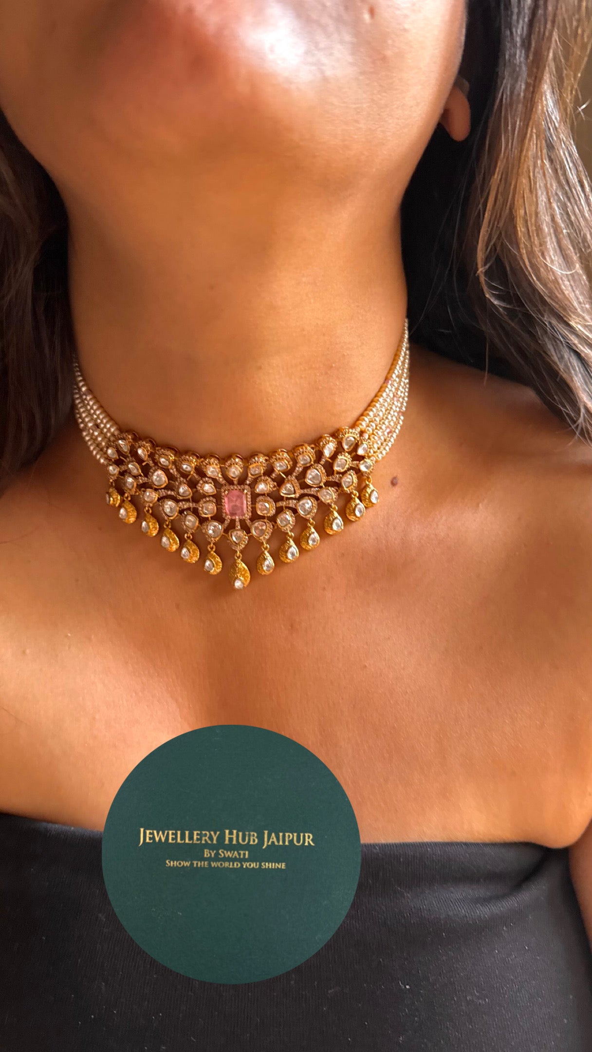 Rose quartz doublet with moissanite polki gold polish Necklace