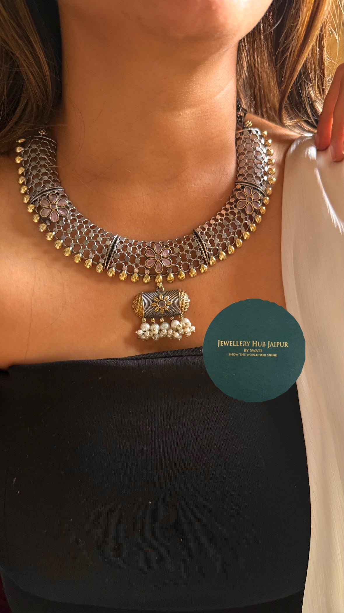 Khera Tribal rose quartz Floral jaal Collar Necklace