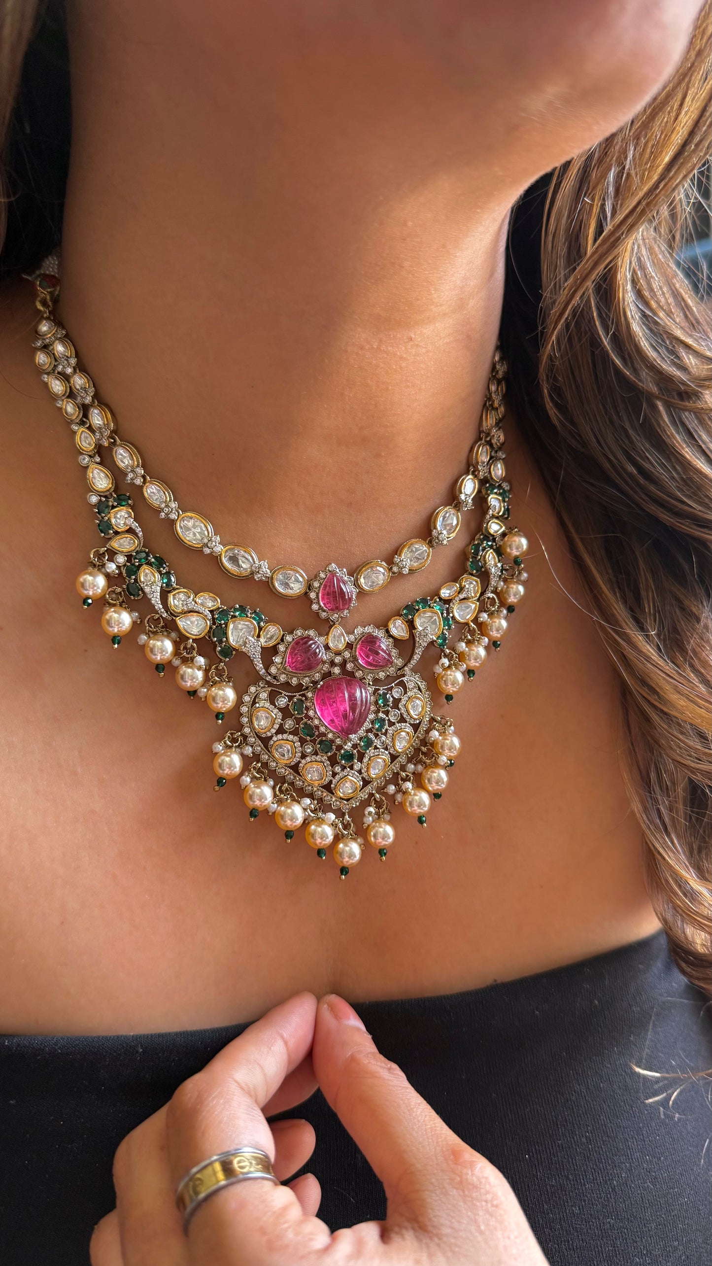 Lotus Pattern Inspired Mauve & Emerald Polki Necklace