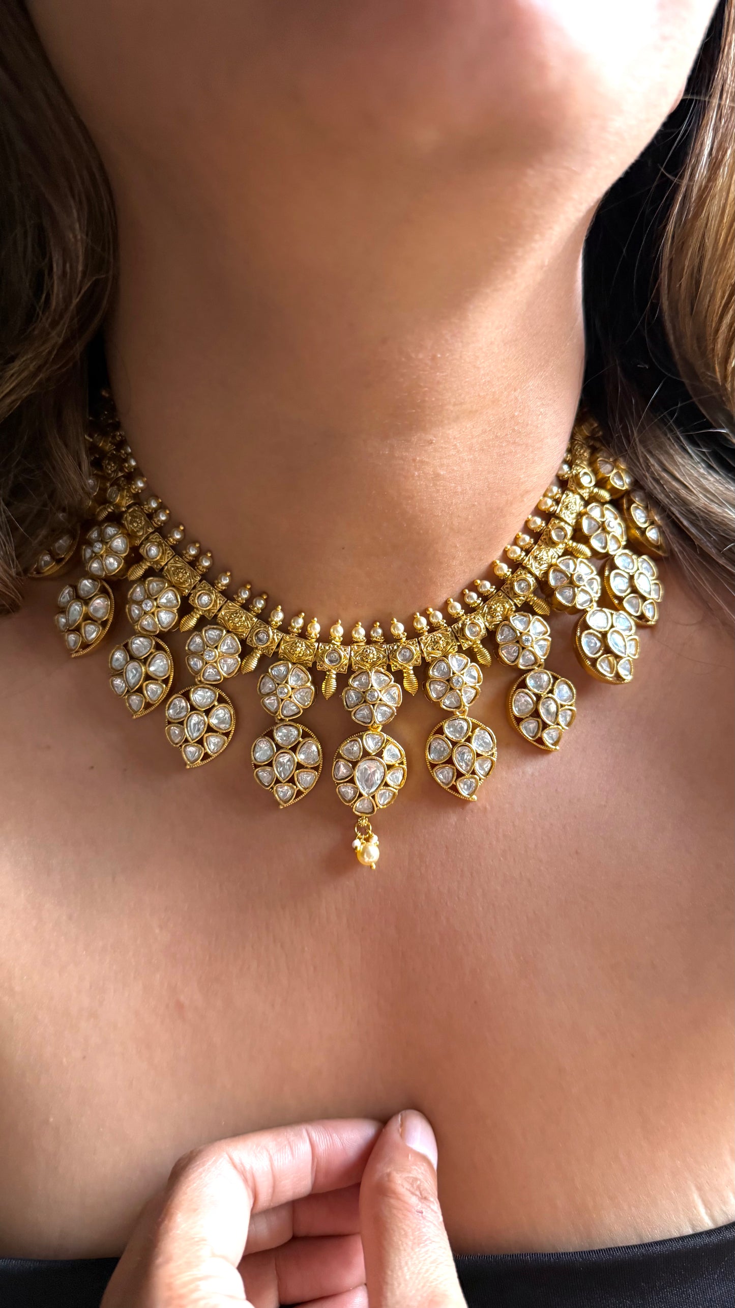 Heritage Floral polki necklace with pearl detailing