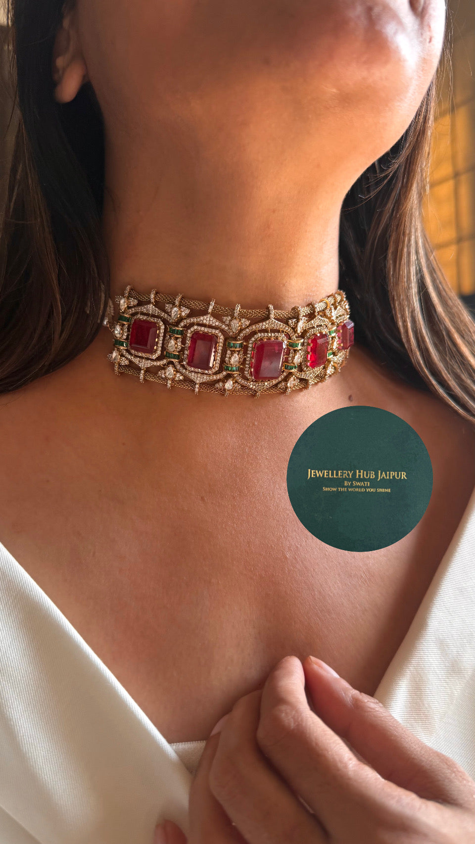 Ruby doublet designer choker with emerald work