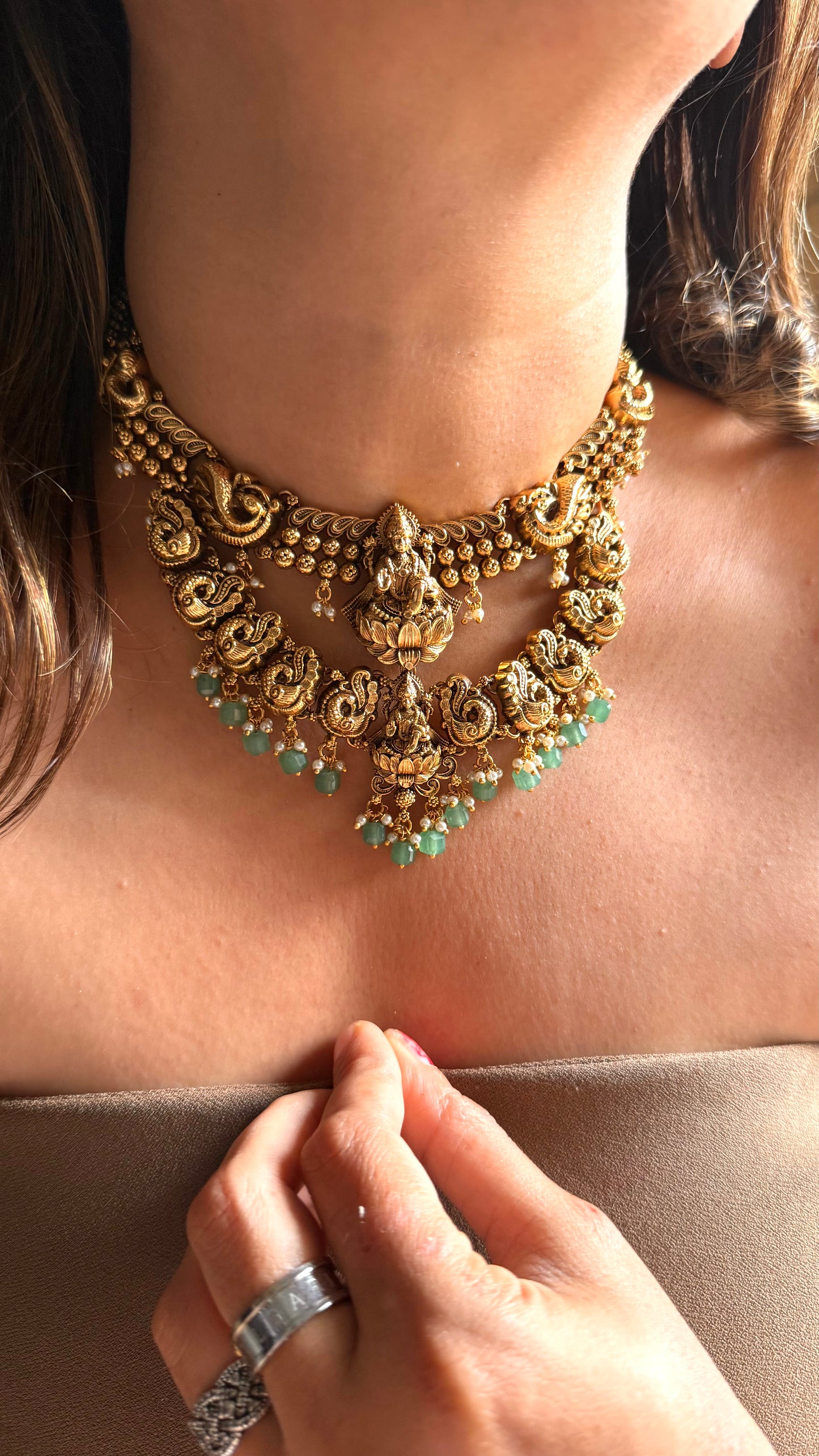 Goddess Laxmi Temple necklace with mint drop detailing