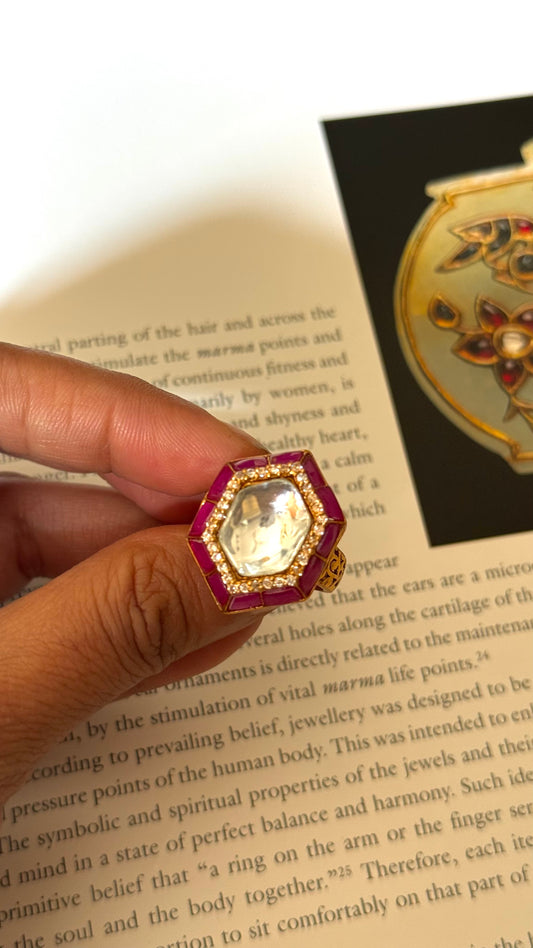 Ring ruby  polki hexagone shape adjustable