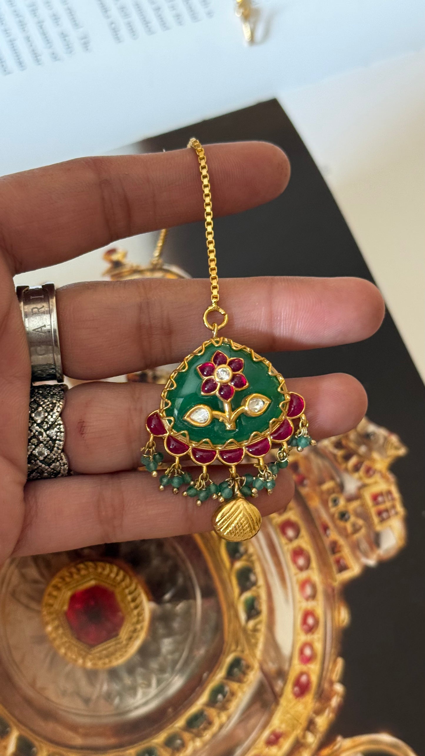 Ruby inlay work emerald maangtika