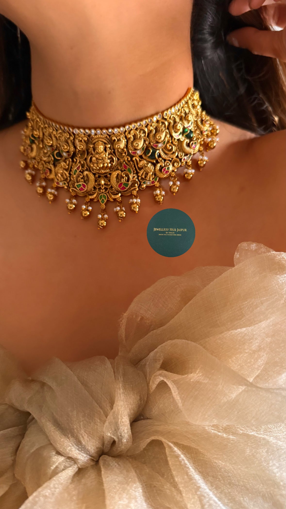 Goddess laxmi with emerald & rani pink choker set