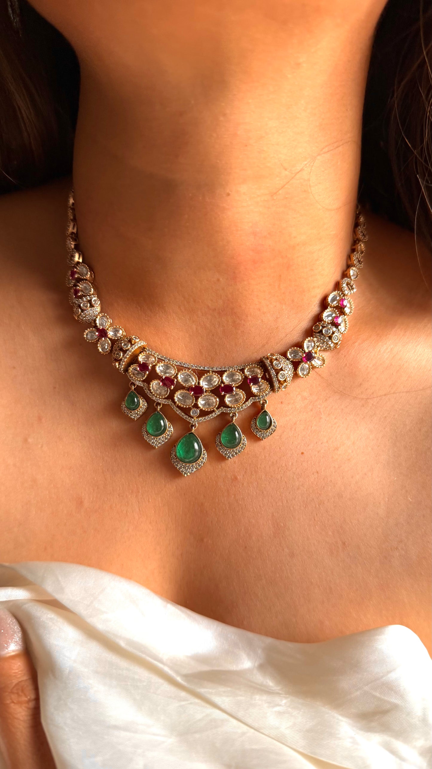 Emerald doublet & rani pink Moissanite collar set