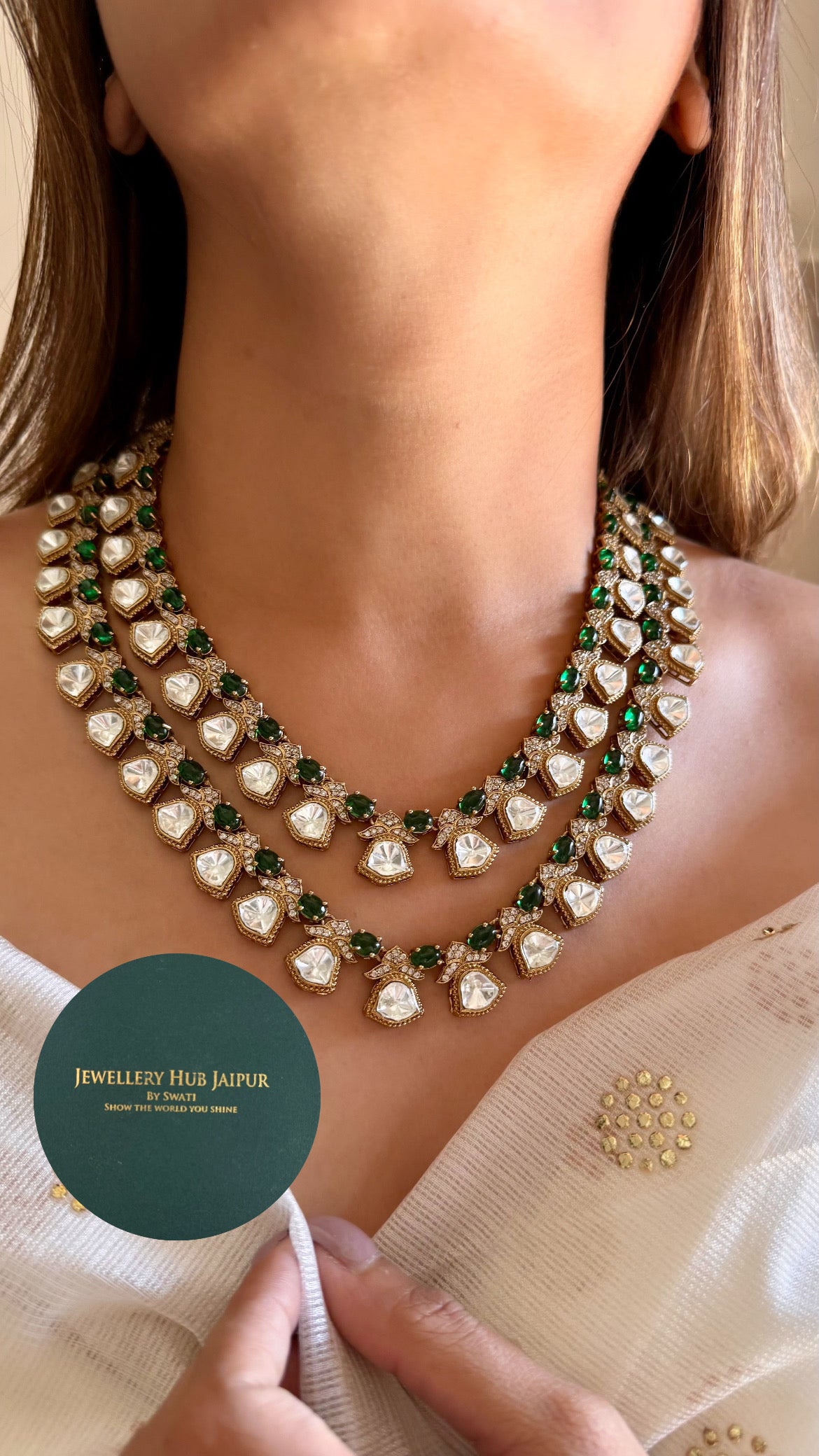 Emerald dual layered moissanite necklace set