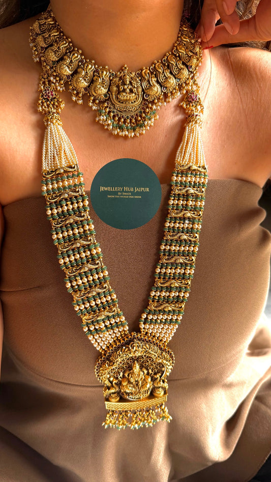 Goddess Laxmi mint & pearl temple necklace combo