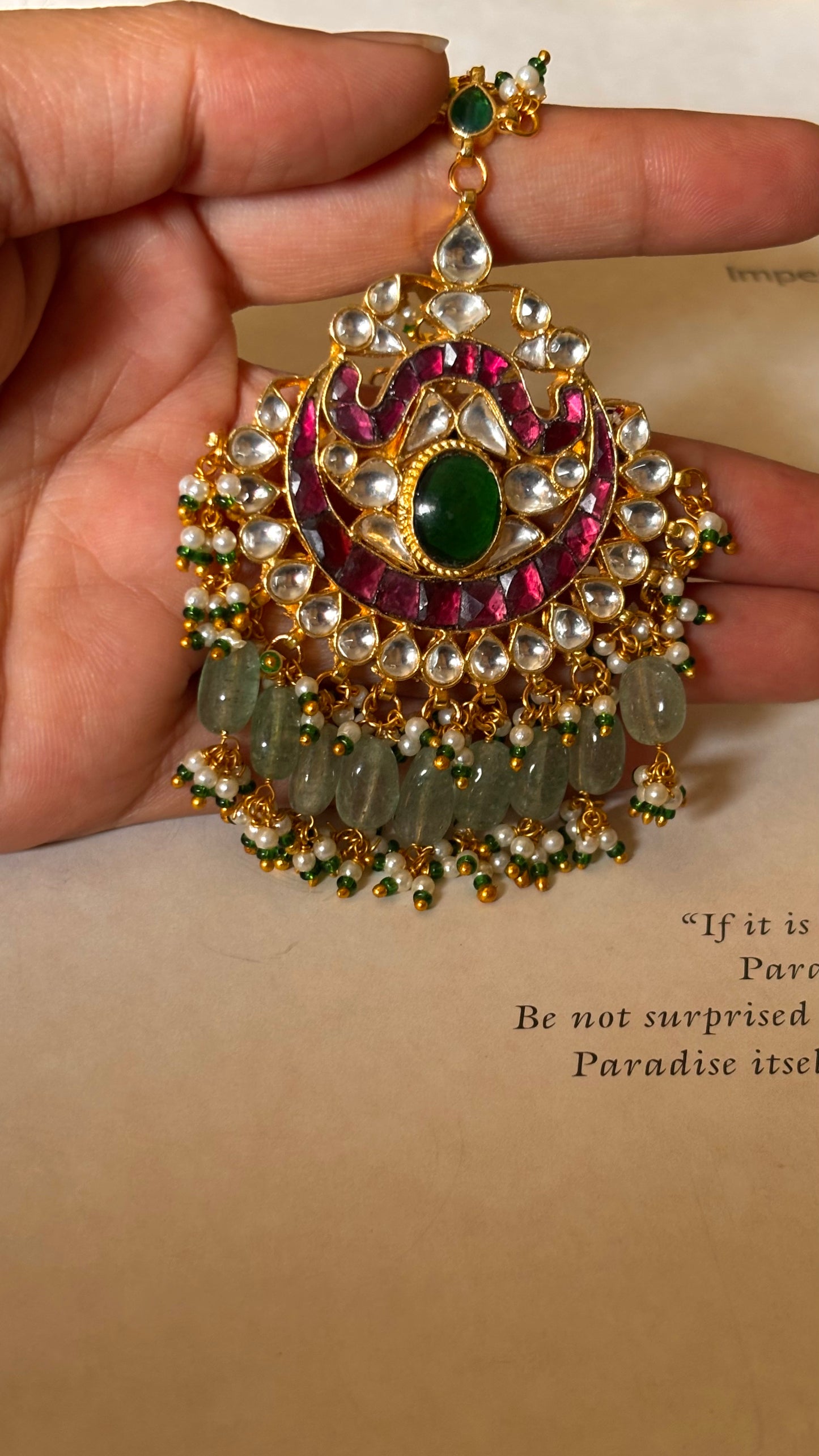 Emerald & rani pink paachi Kundan maangtika