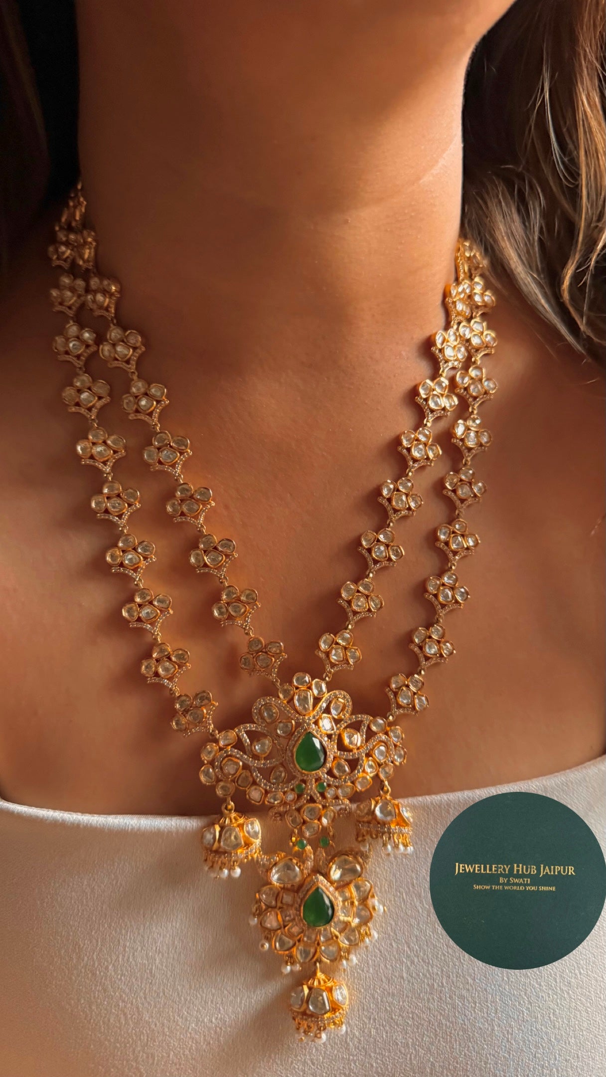 Emerald designer dual layered real moissanite Necklace