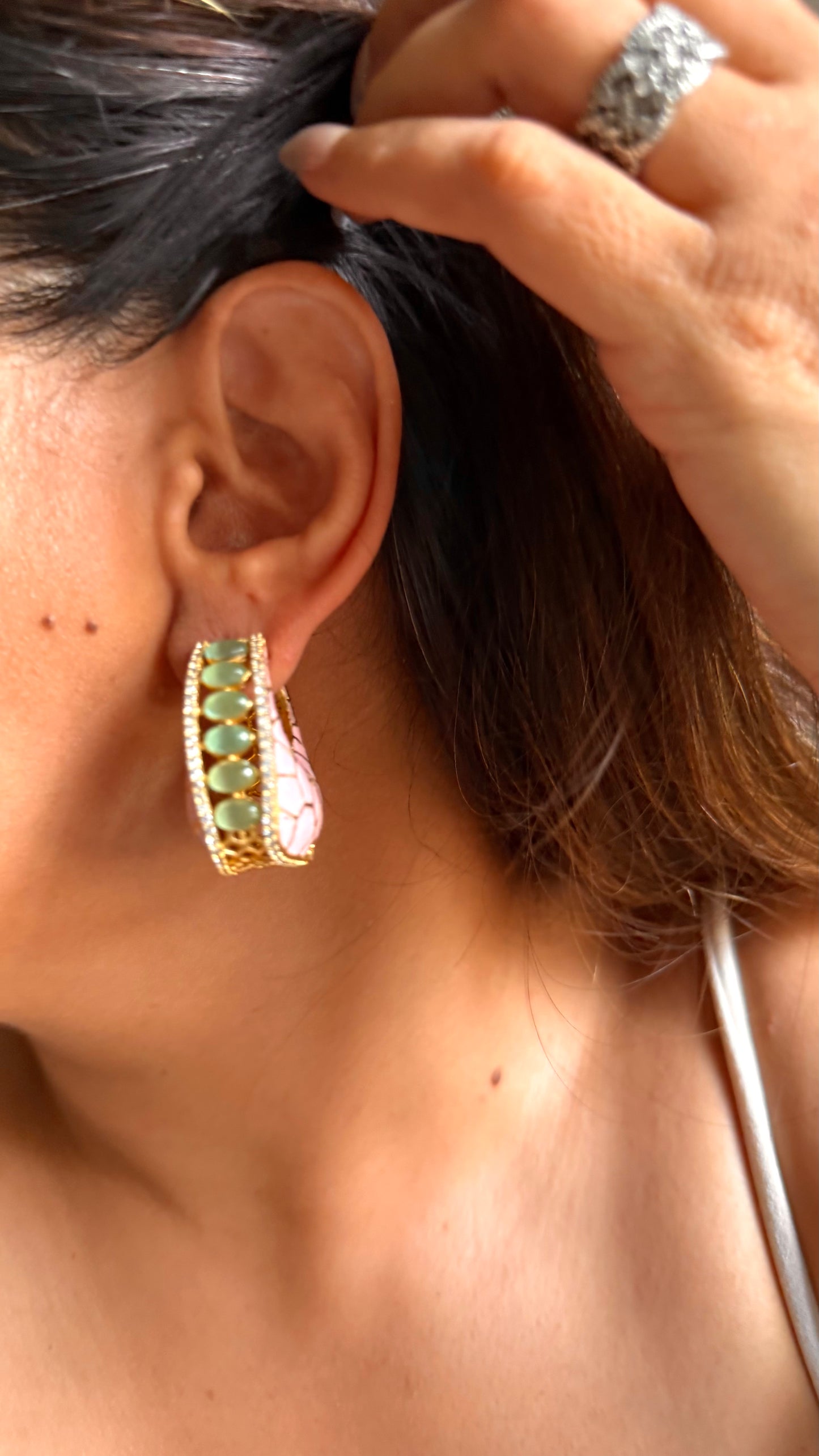 Blush pink katdana with mint earrings