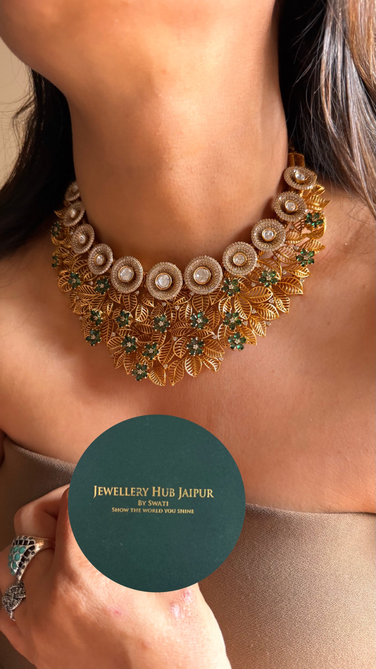 Emerald with gold polish leaf designer collar necklace