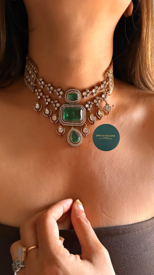 Emerald doublet moissanite uncut polki choker set