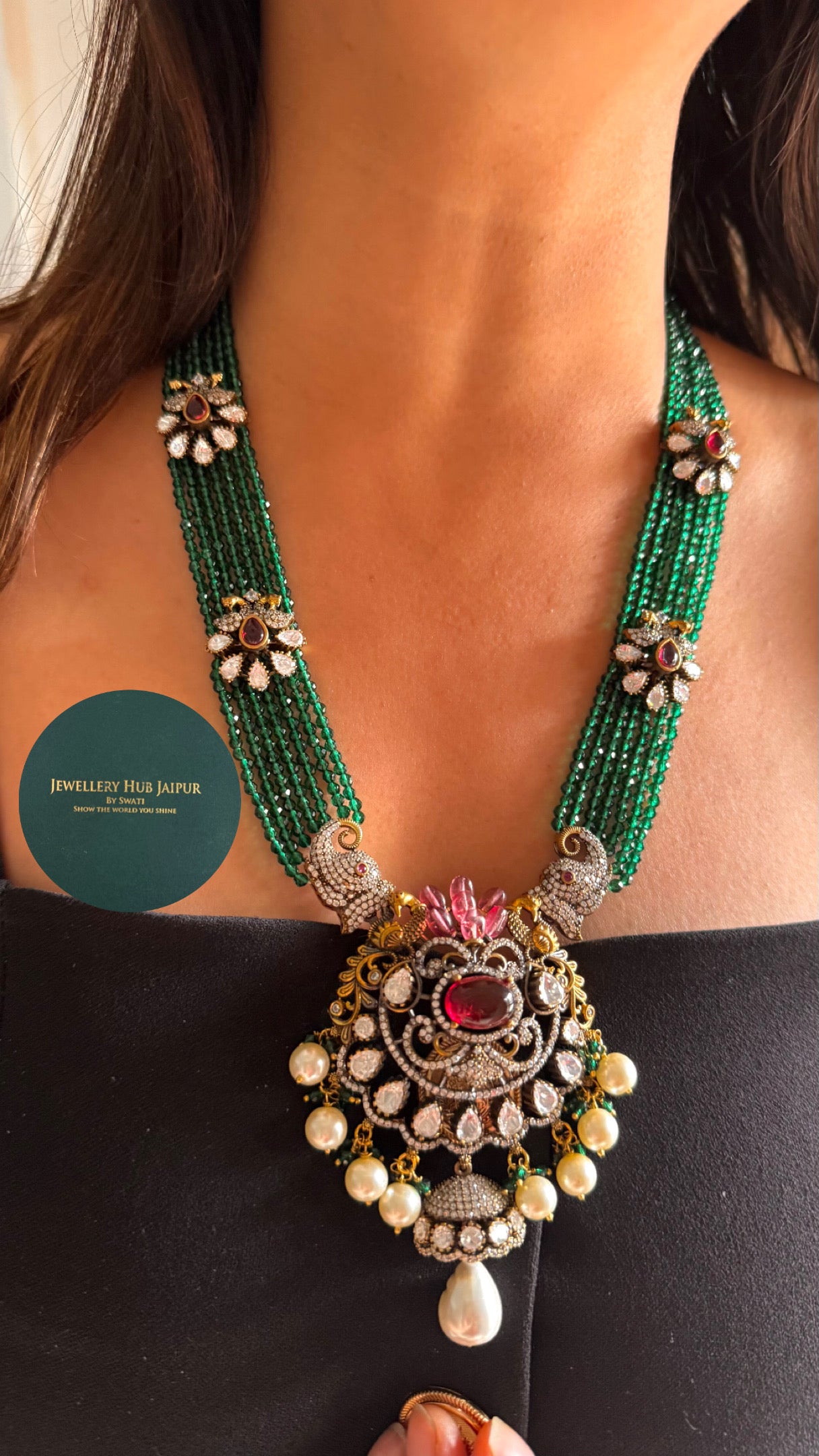 Emerald victorian Chandi polki long necklace