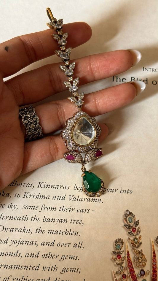 Emerald doublet & moissanite ruby maangtika