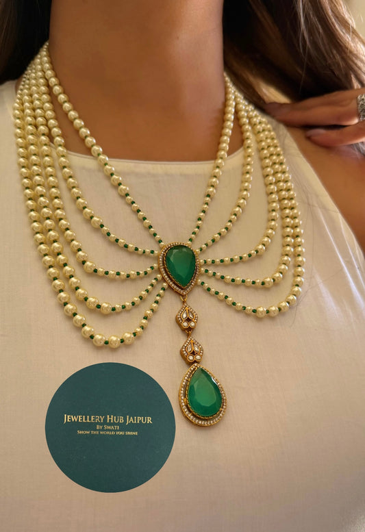 Iqra Emerald moissanite designer mid length pearl necklace