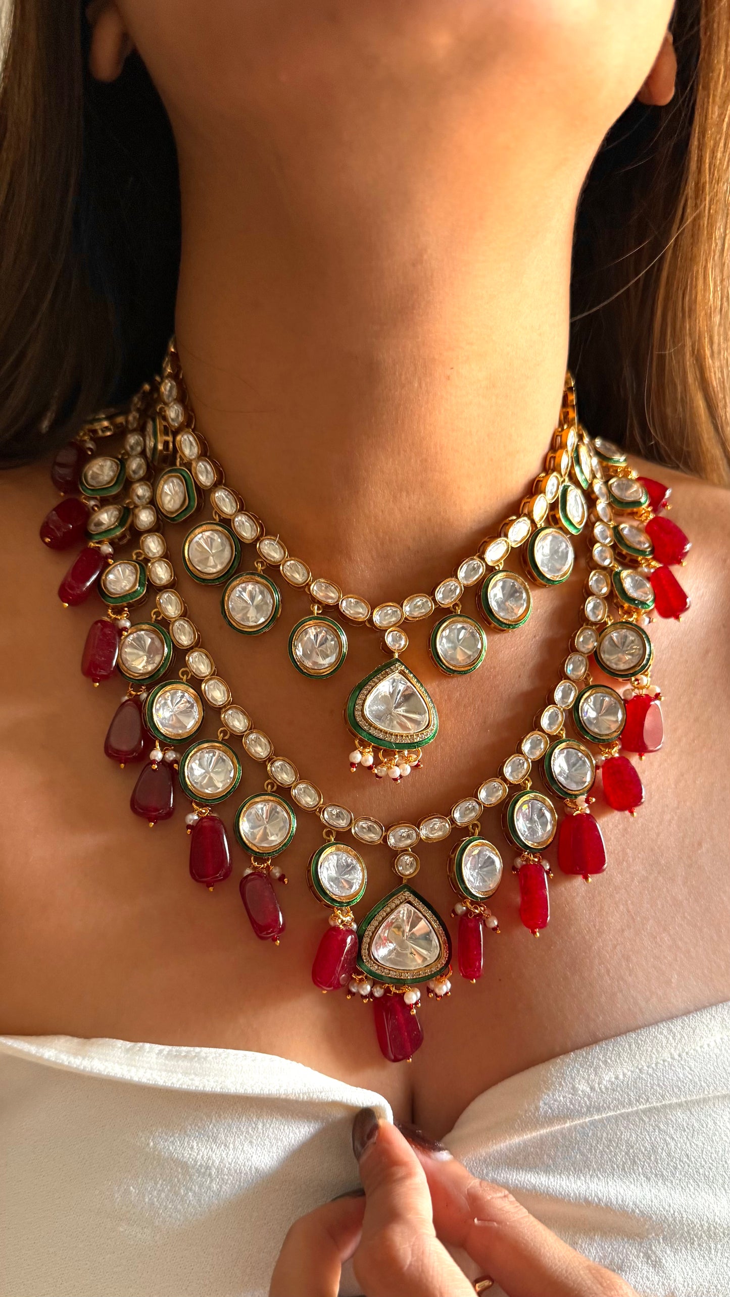 Emerald meenakari polki with ruby drops