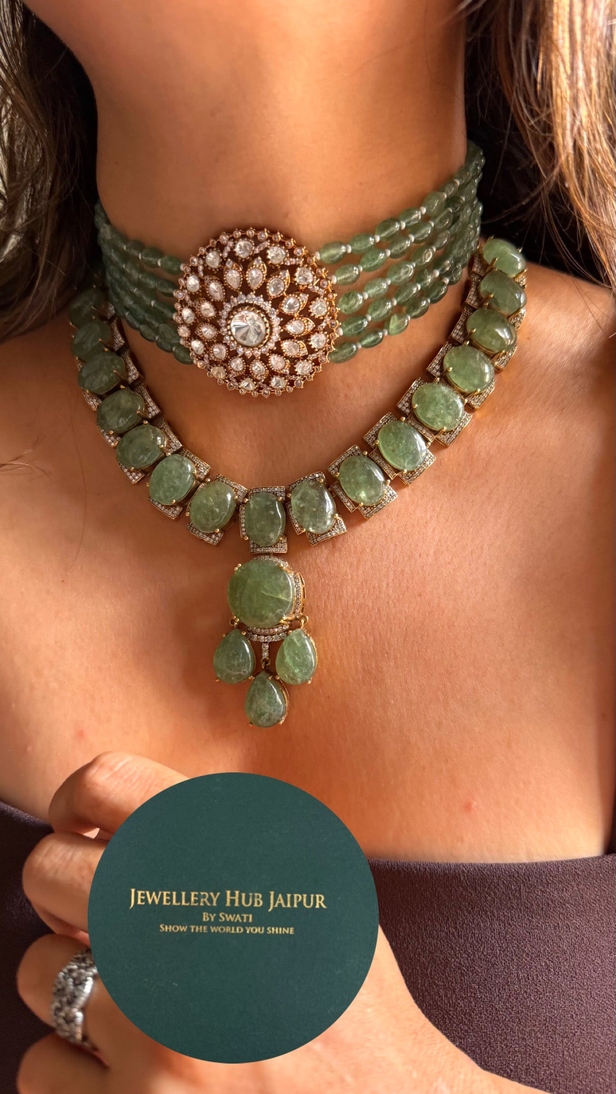 Mint doublet stone with pearl detailing combo Necklace