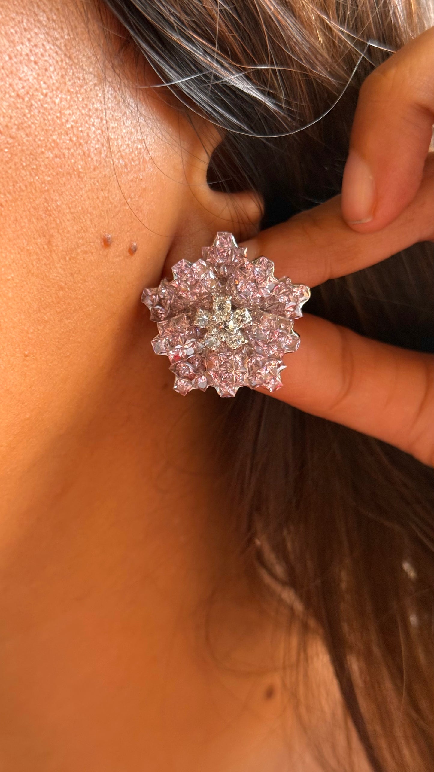 Rose quartz diamond floral studs